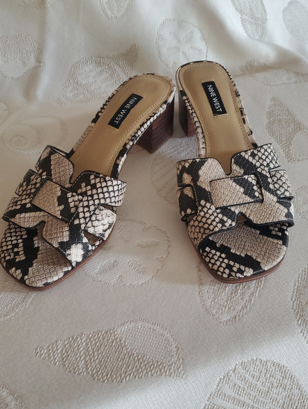 Nine West Black and Cream Snake-Print Slide Heels